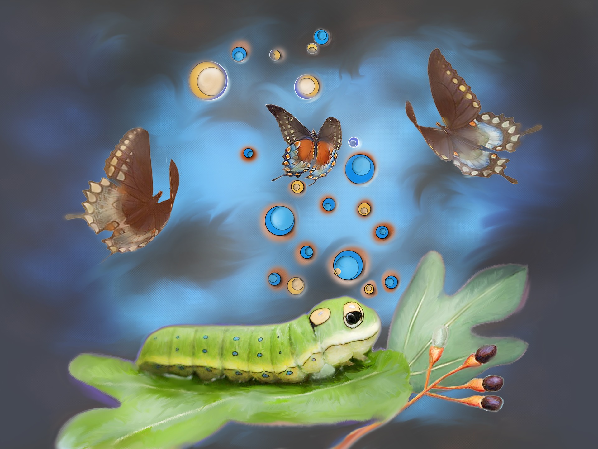 Green Caterpillar and Butterflies Art