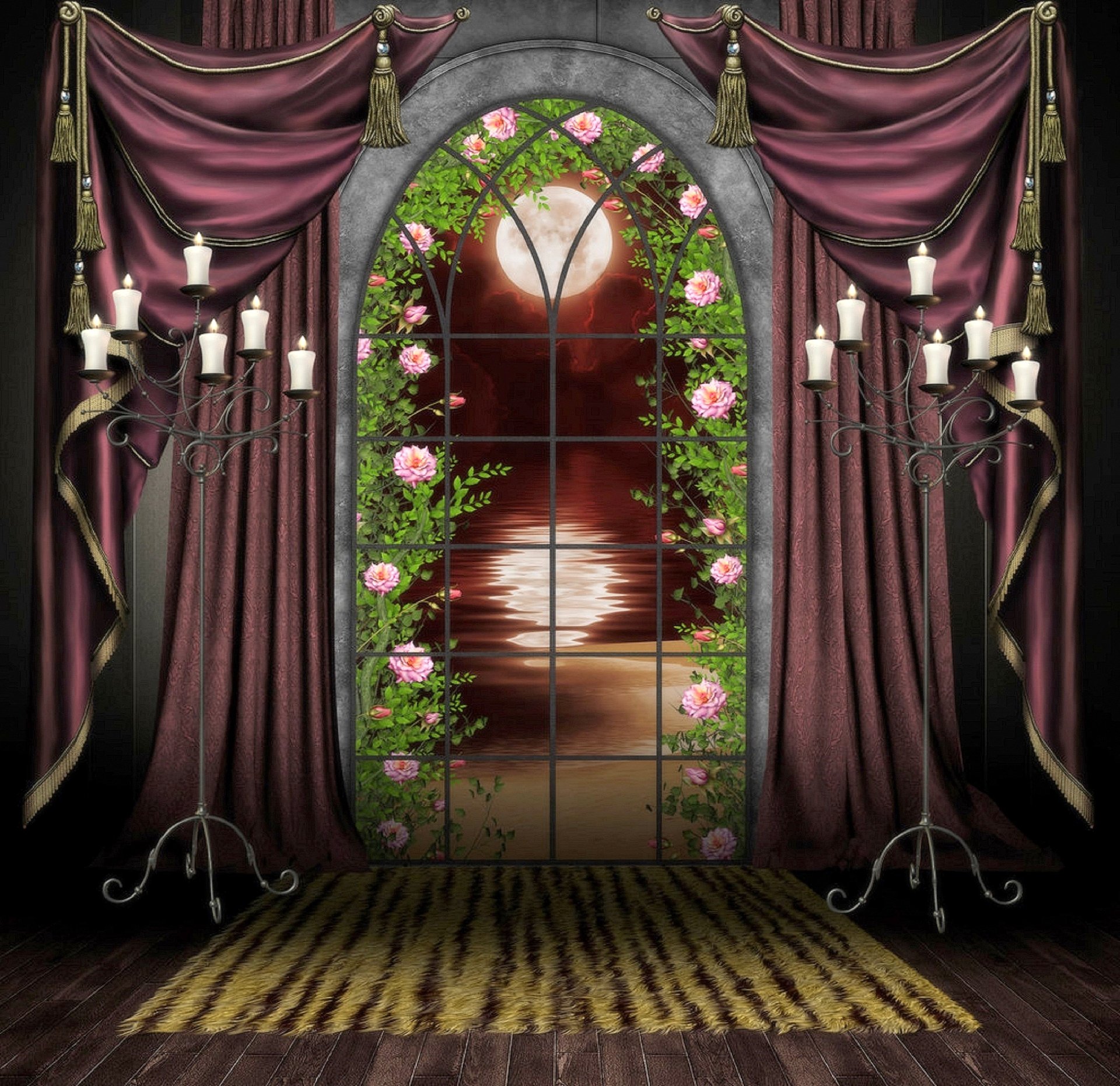 Download Night Moon Window Drape Candle Pink Rose Gothic Artistic Fantasy Art