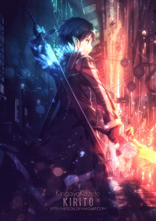 Anime-style image of Kirito from Sword Art Online, holding a sword with glowing effects in a vibrant, futuristic cityscape at night.