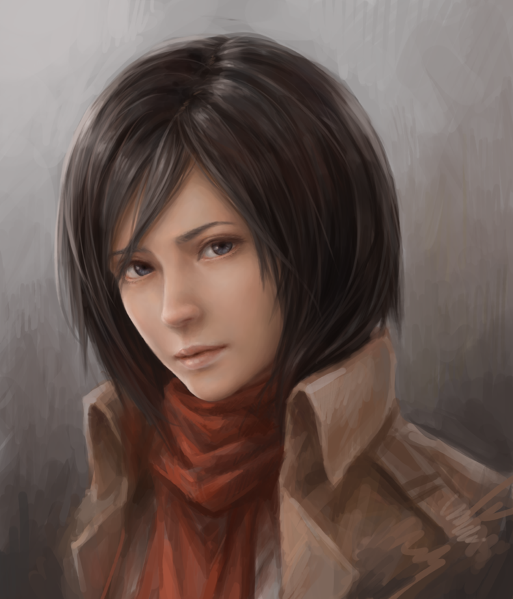 A detailed digital painting of Mikasa Ackerman from the anime Attack on Titan, featuring her short dark hair, red scarf, and brown jacket.
