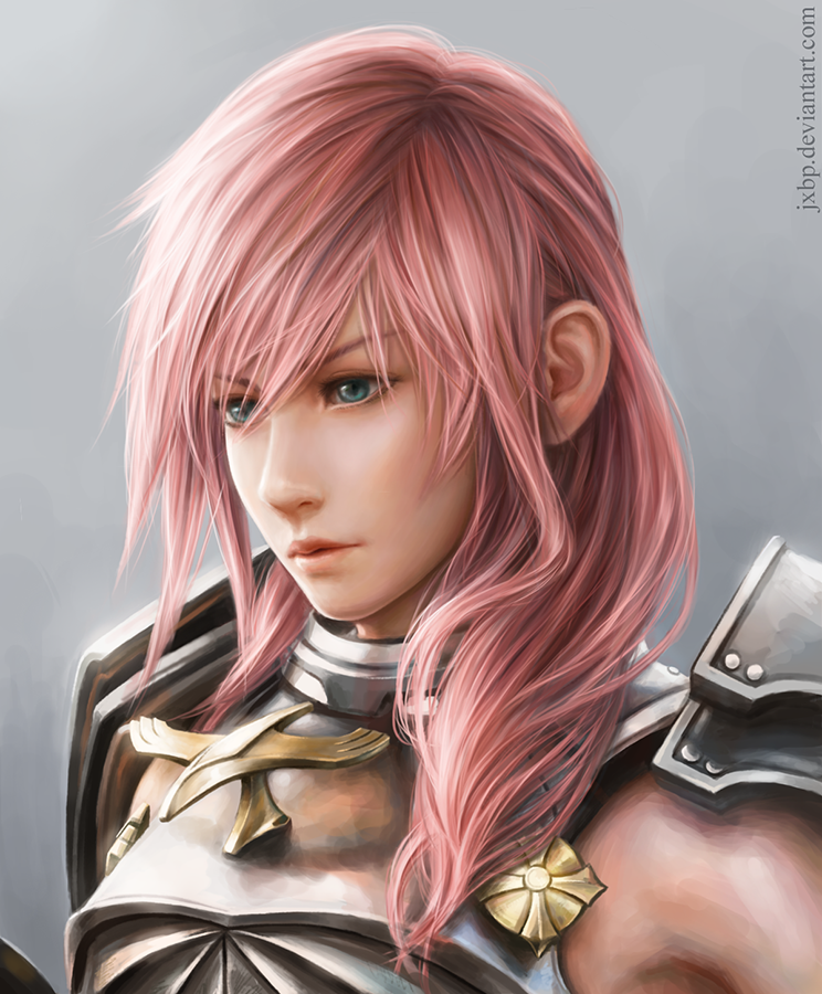 Lightning (Final Fantasy) from the video game Final Fantasy XIII-2 — pink-haired warrior in silver armor, three-quarter portrait with blue eyes and a pensive expression.