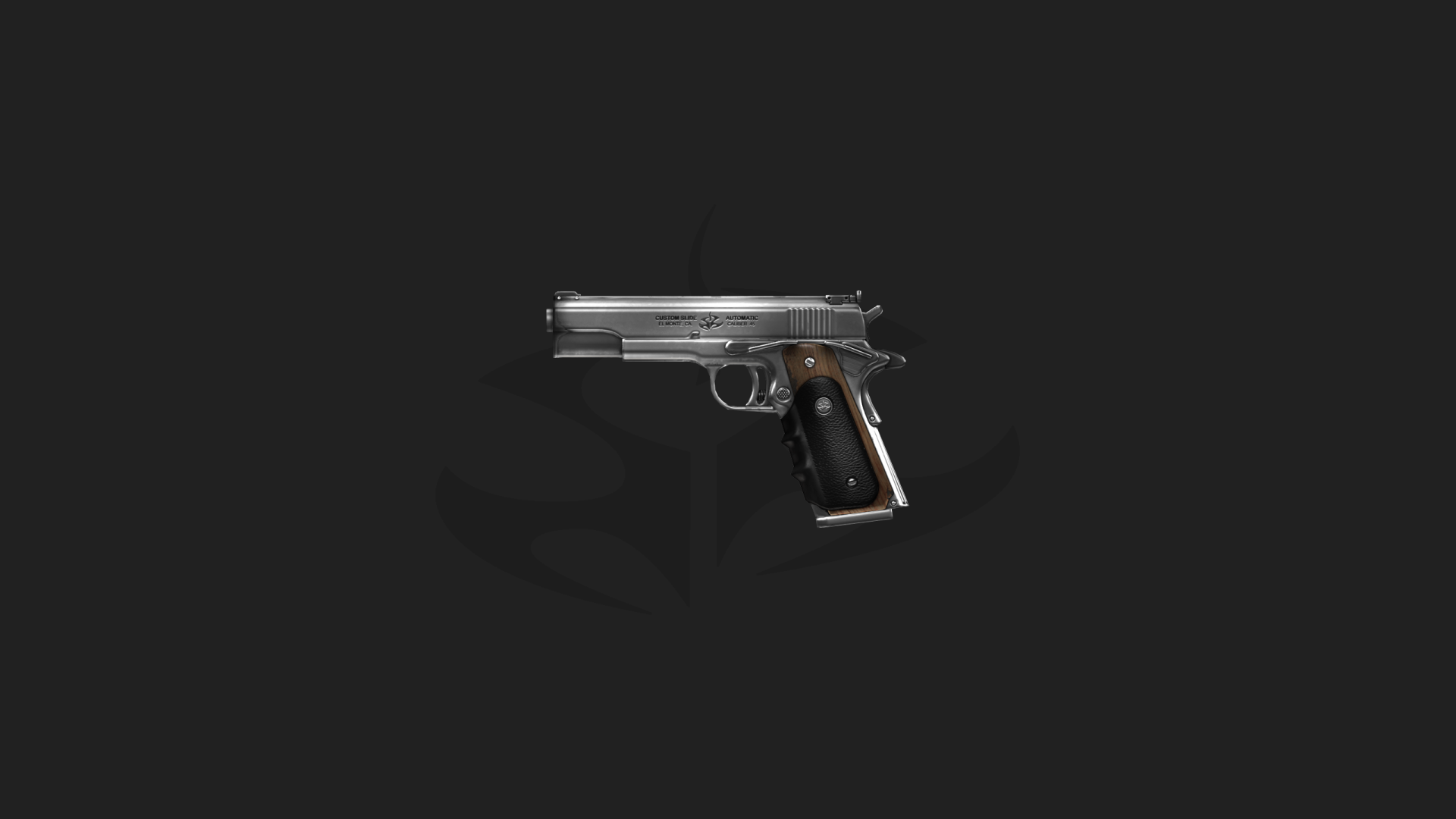 Artistic depiction of a man-made silver handgun with a dark grip set against a black background.