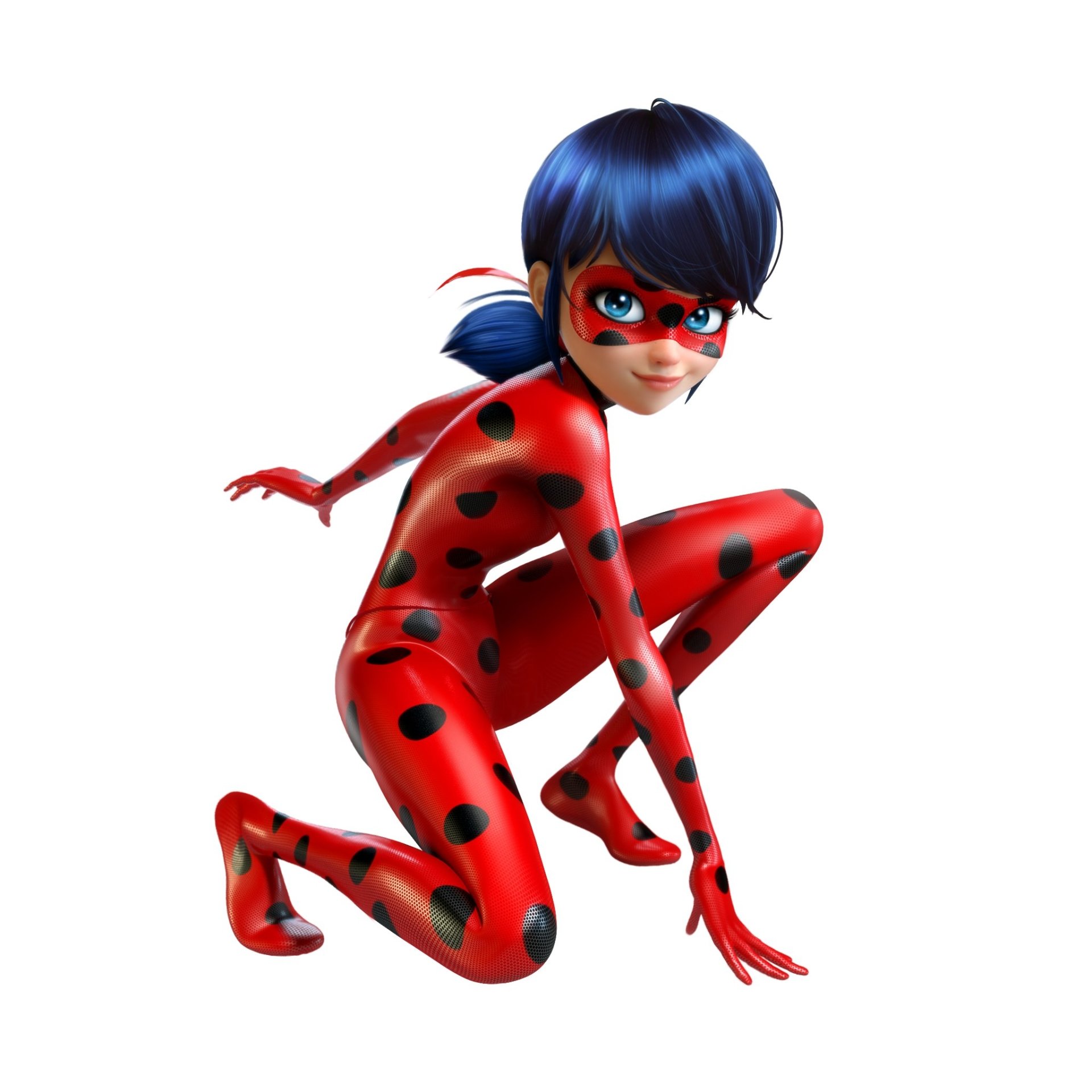 A dynamic pose of Ladybug from the TV show Miraculous Ladybug, showcasing her iconic red suit with black spots, as she prepares for action with determination.
