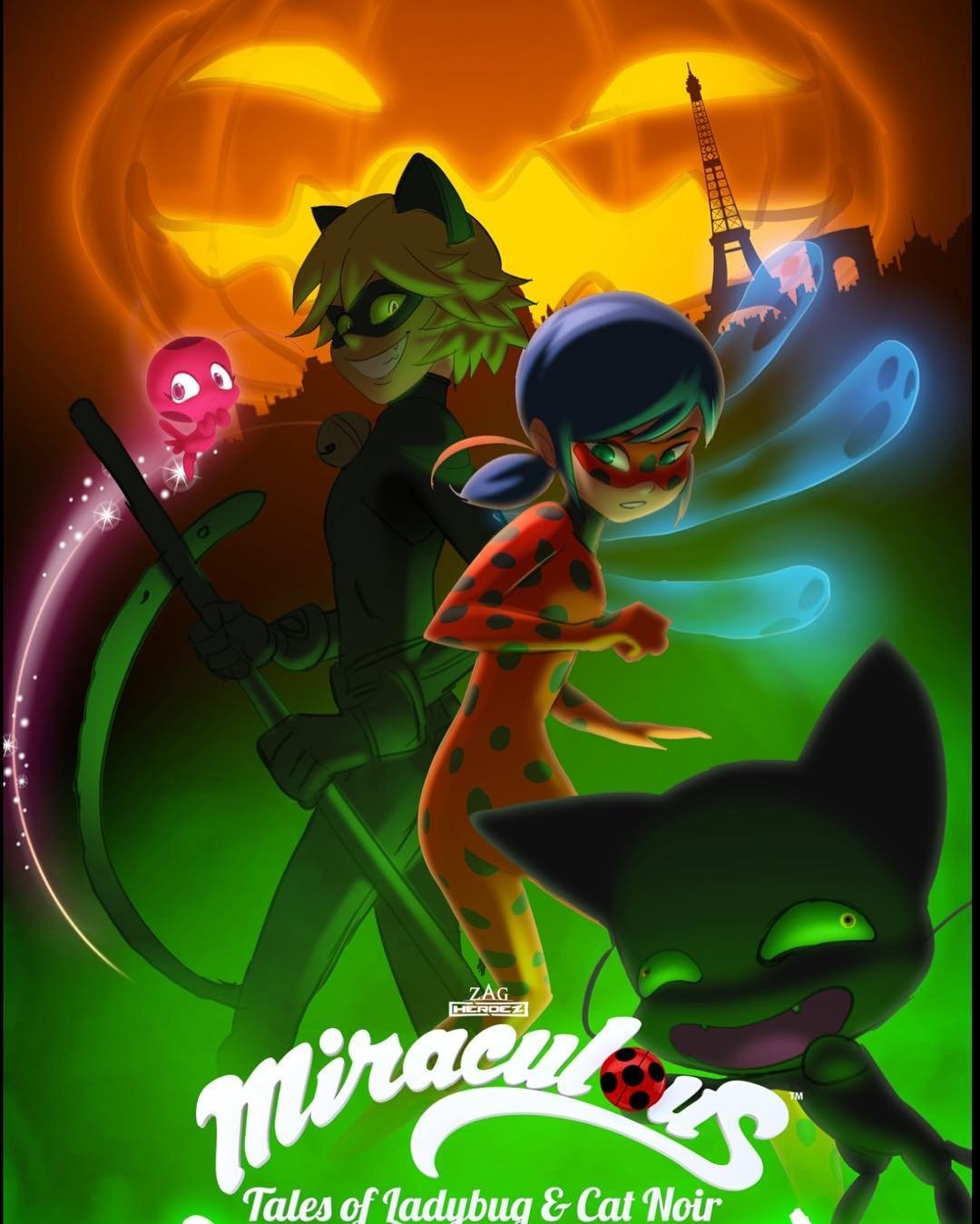 Promotional image for the TV show Miraculous Ladybug featuring Tiki, Plagg, Ladybug, and Cat Noir with a glowing Eiffel Tower and jack-o'-lanterns in the background.