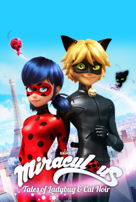 Ladybug with blue hair and red mask stands beside Cat Noir in black suit with mask, accompanied by their kwamis Tiki and Plagg from the TV show Miraculous Ladybug.