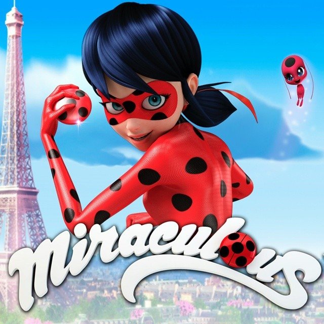 Ladybug (Marinette Dupain-Cheng) from Miraculous Ladybug in her red and black spotted costume, with Tiki floating nearby, set against a Paris backdrop.