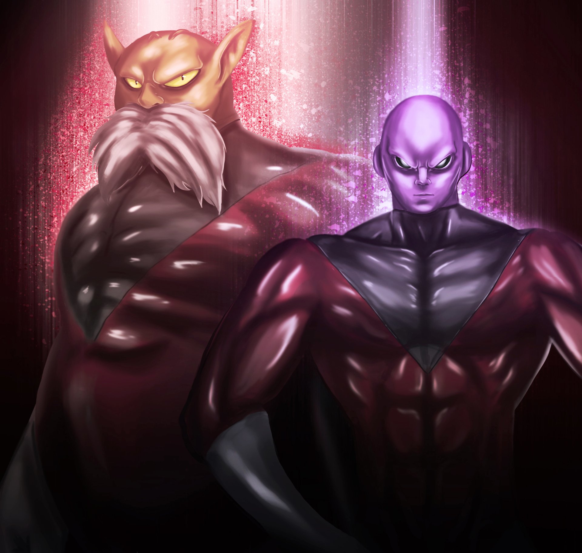 Jiren and Toppo from Dragon Ball Super stand side by side, showcasing their powerful, muscular forms against a glowing, intense background.