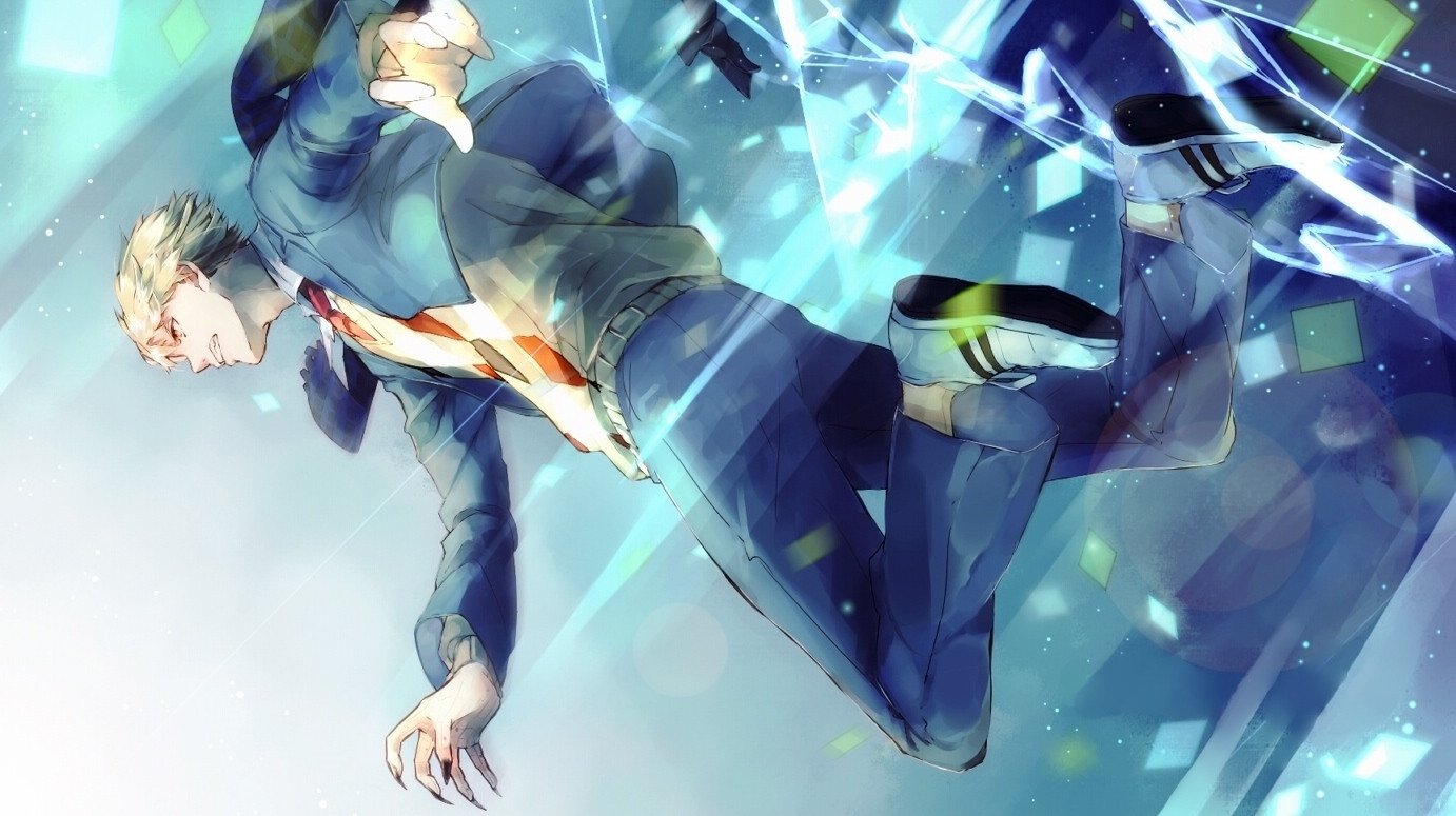 A dynamic anime scene from Beyond the Boundary showing a character in a suit falling or floating amidst shattered glass and bright blue light effects.