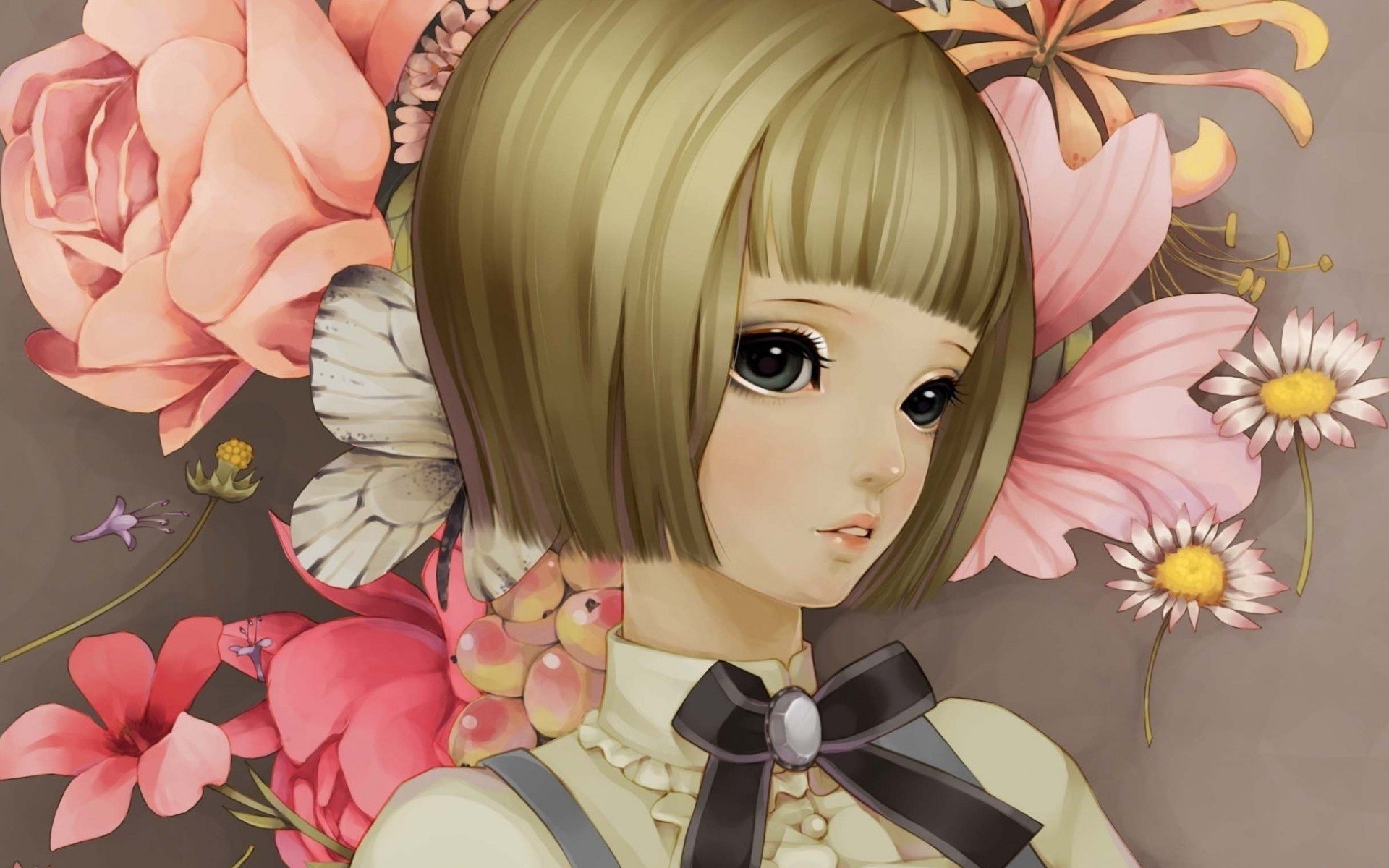 Anime girl with a bob haircut is surrounded by large, detailed flowers in soft pastel tones, blending delicate floral elements with a serene, expressive character.