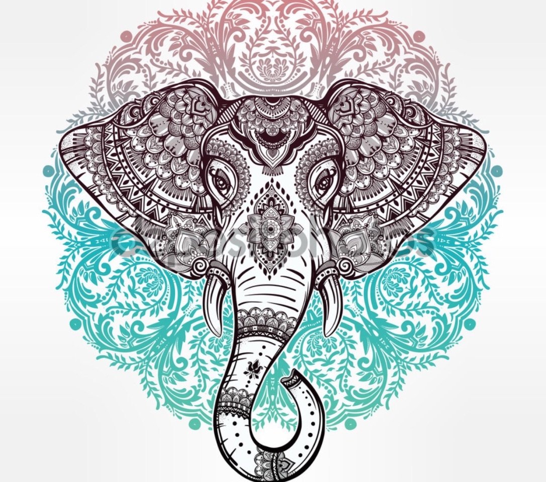 A detailed artistic mandala featuring an elephant, combining intricate patterns and religious symbolism, set against a soft gradient background.
