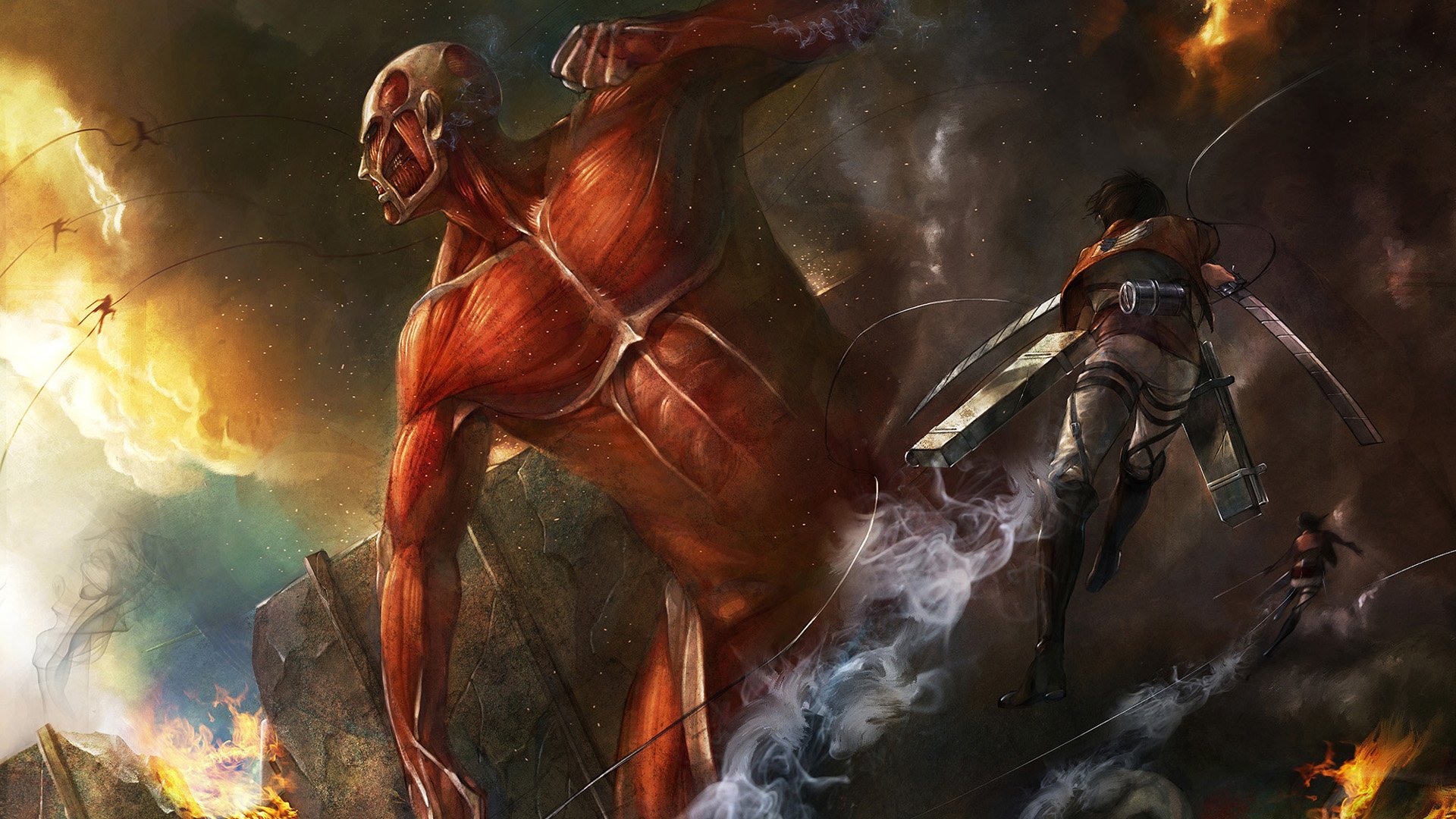 Anime - Attack on Titan: towering Colossal Titan looms over a burning, crumbling city as a Scout in ODM gear launches toward its neck through smoke and flames.