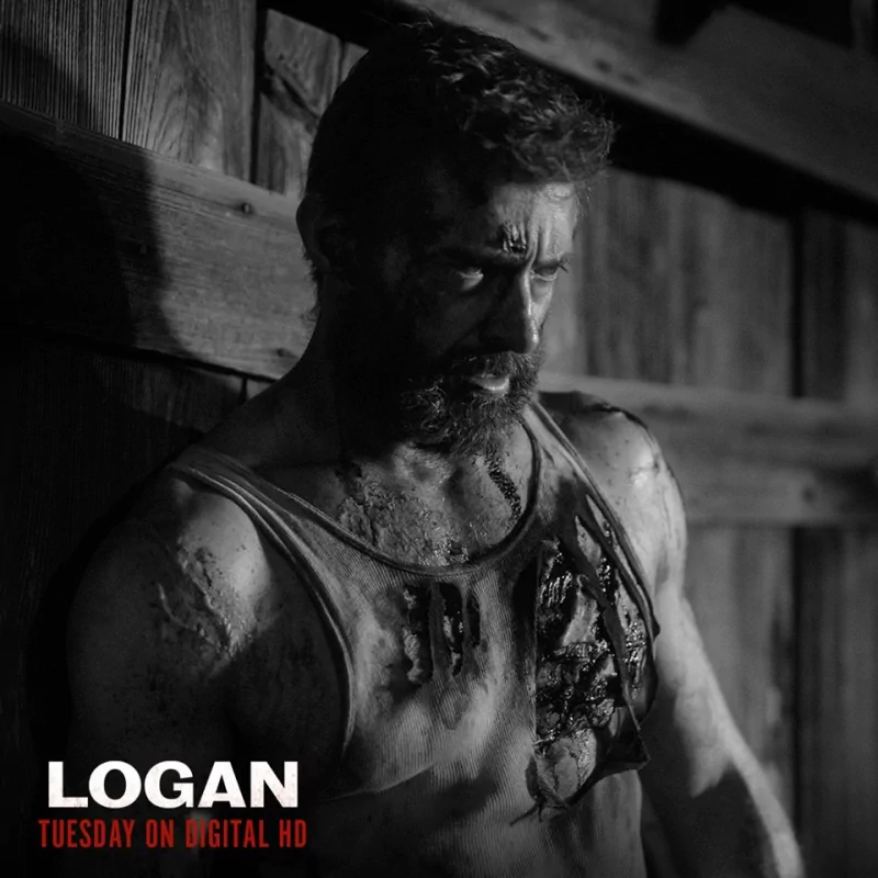Black and white image of Hugh Jackman as Logan James Howlett, Wolverine, from the movie Logan, showing a battered and intense look in a wooden setting.
