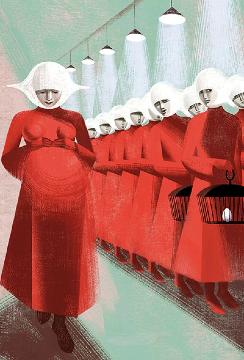 Illustration of the TV show The Handmaid's Tale: rows of women in red robes and white bonnets under harsh lights, a dystopian scene of oppression.