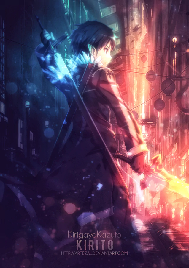 Anime-style image of Kirito from Sword Art Online, holding a sword with glowing effects in a vibrant, futuristic cityscape at night.
