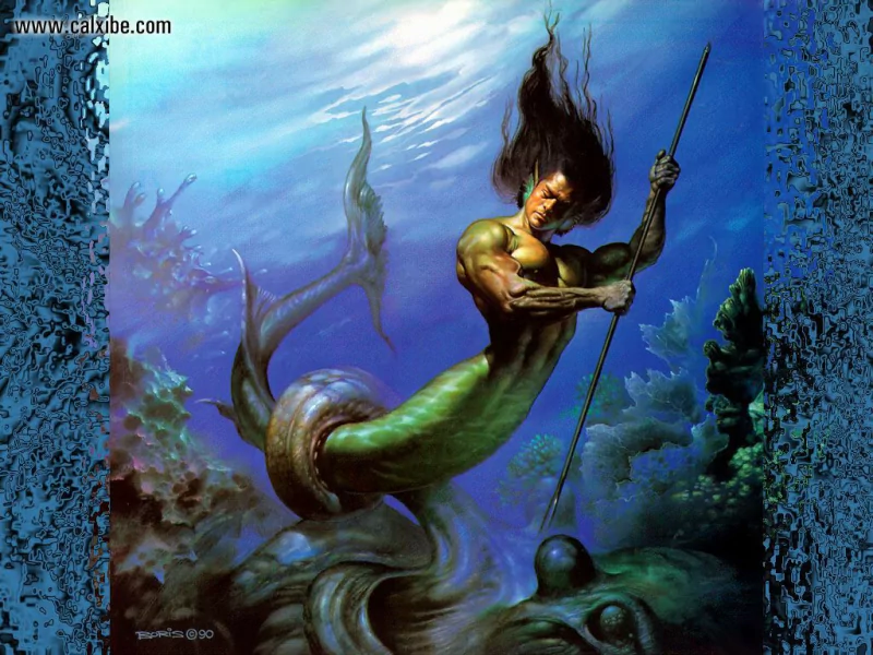 Underwater fantasy scene of a muscular merman with a green, fish-like tail wielding a spear amid swirling kelp and sea life, hinting at mermaid mythology.