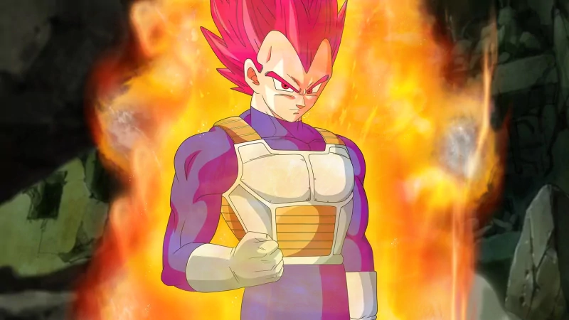 Super Saiyan God Vegeta stands confidently amidst fiery energy, showcasing his powerful transformation from Dragon Ball Super. The vibrant colors emphasize his intense expression and strength.
