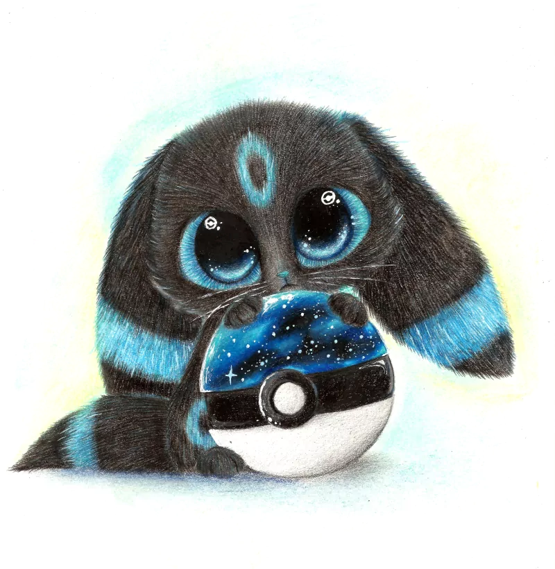 Chibi-style fantasy bunny inspired by Umbreon from Pokémon, drawn with Prismacolor, holding a detailed Pokéball featuring a starry night design.