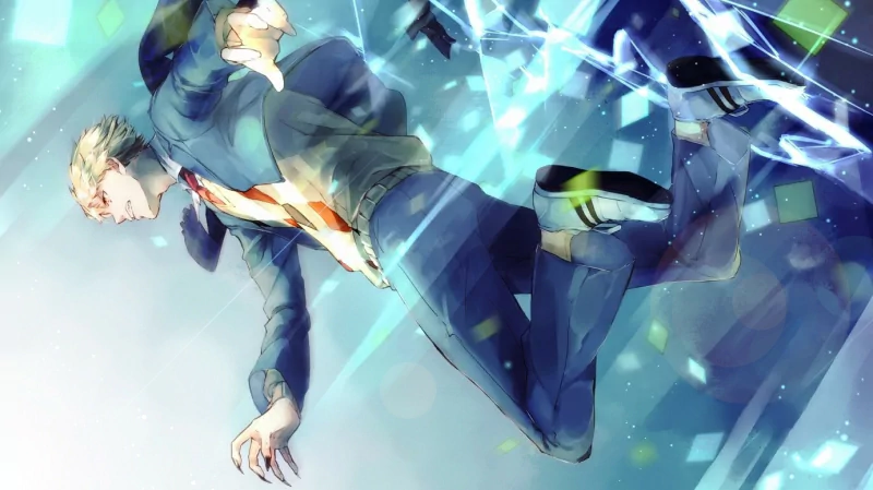 A dynamic anime scene from Beyond the Boundary showing a character in a suit falling or floating amidst shattered glass and bright blue light effects.
