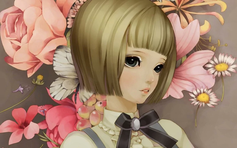 Anime girl with a bob haircut is surrounded by large, detailed flowers in soft pastel tones, blending delicate floral elements with a serene, expressive character.