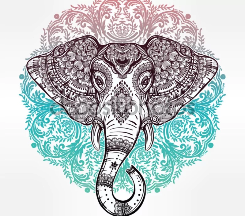 A detailed artistic mandala featuring an elephant, combining intricate patterns and religious symbolism, set against a soft gradient background.