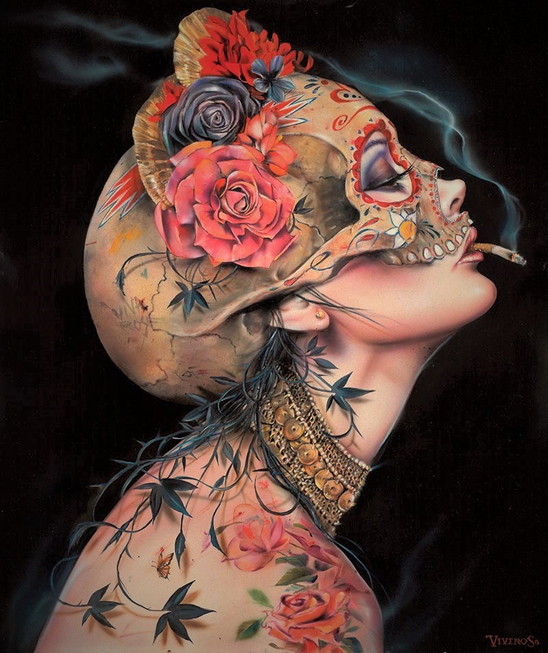 Girl in Dia de Los Muertos Makeup and Tattoes by Brian Viveros