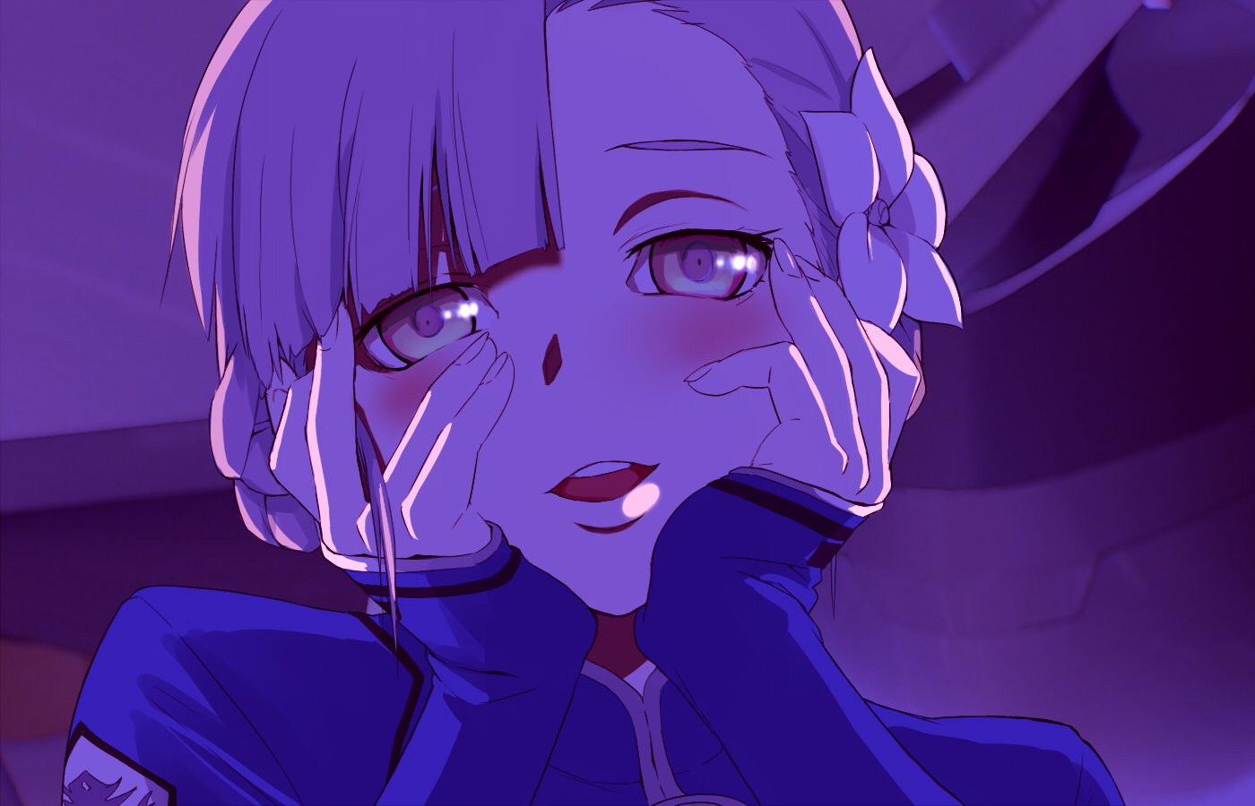 Anime-style close-up of a character from Mirai Nikki with a flower in her hair, softly smiling under a purple-toned light.
