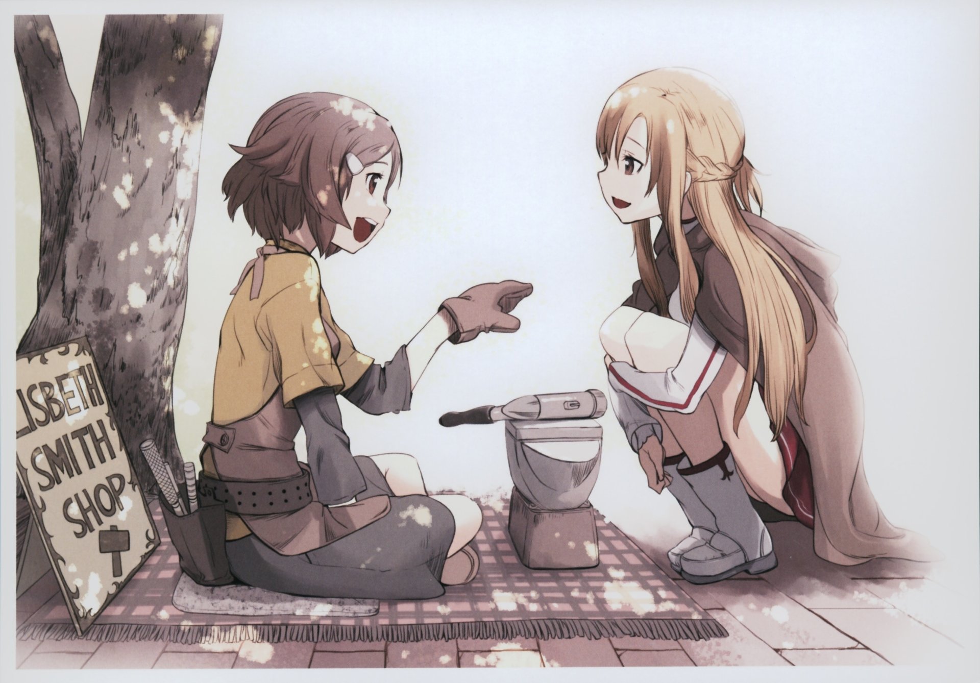 Anime-style illustration from Sword Art Online showing two characters sitting and talking outdoors beside a tree and a sign reading Elisabeth Smith Shop.