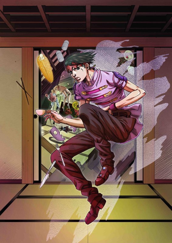 Rohan Kishibe from JoJo's Bizarre Adventure bursts through a sliding door in a tatami room, surrounded by floating art supplies, food and an ethereal stand-like aura in vivid anime style.