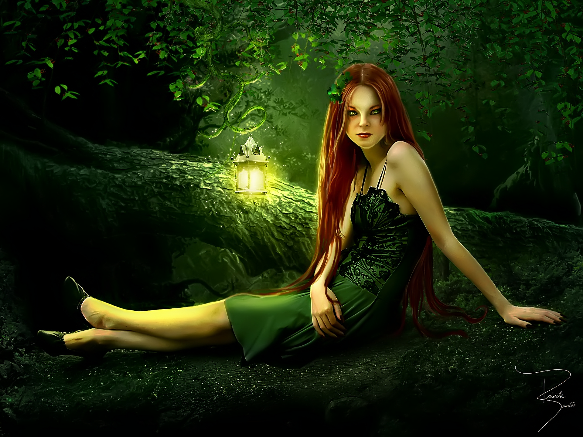 Download Long Hair Green Dress Green Eyes Lantern Log Forest Green Artistic Fantasy Art