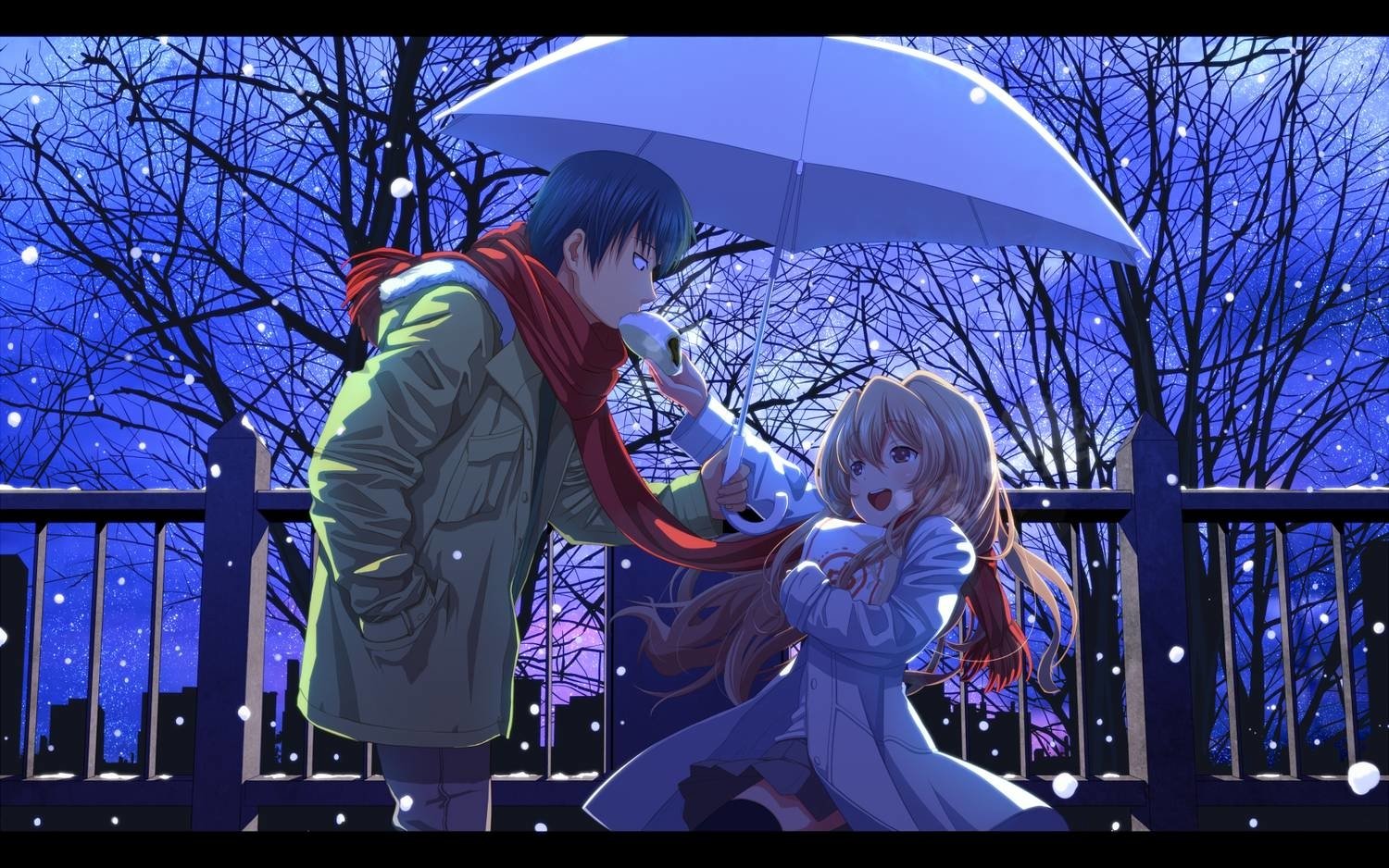 Toradora! anime: Ryuuji Takasu and Taiga Aisaka share an umbrella on a snowy evening; Ryuuji offers his scarf as Taiga smiles.