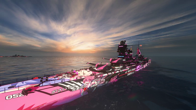 A World of Warships battleship with vibrant pink and anime-themed camouflage sails on calm waters under a dramatic sunset sky.