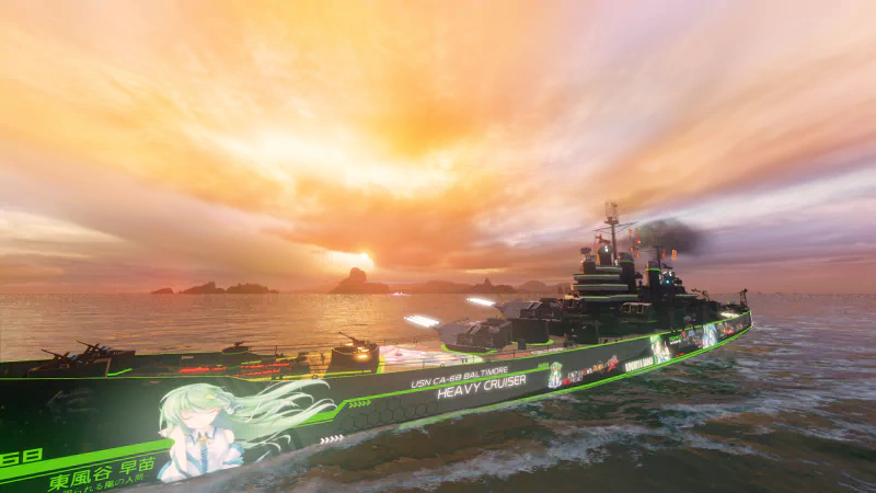 A heavily armed warship from the video game World of Warships sails at sunset, featuring anime-style character artwork along its hull.