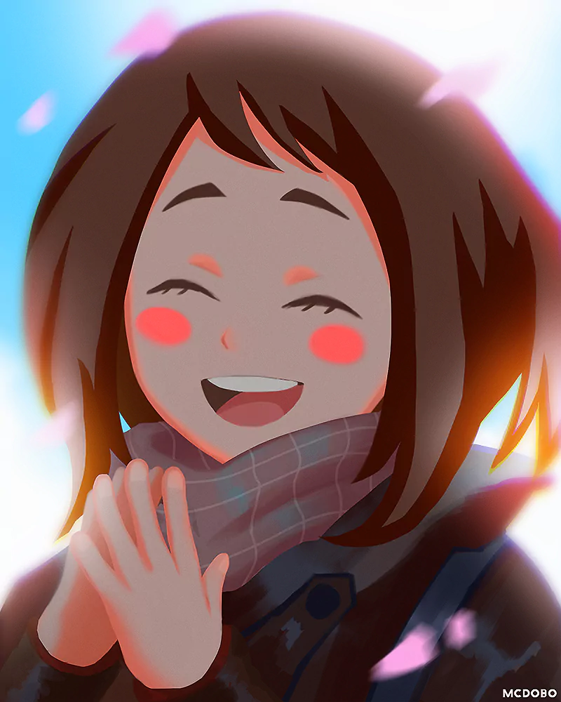 Ochaco Uraraka from My Hero Academia smiling warmly with closed eyes, rosy cheeks, hands clasped, wearing a scarf — anime portrait with soft lighting and falling cherry petals.