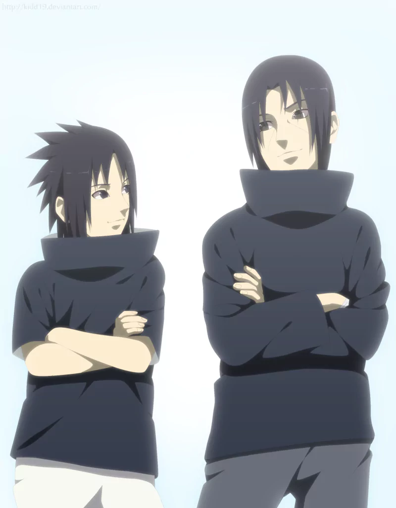 Itachi Uchiha and Sasuke Uchiha stand side by side, wearing matching dark sweaters, in a moment that captures their complex brotherly relationship from the anime Naruto.