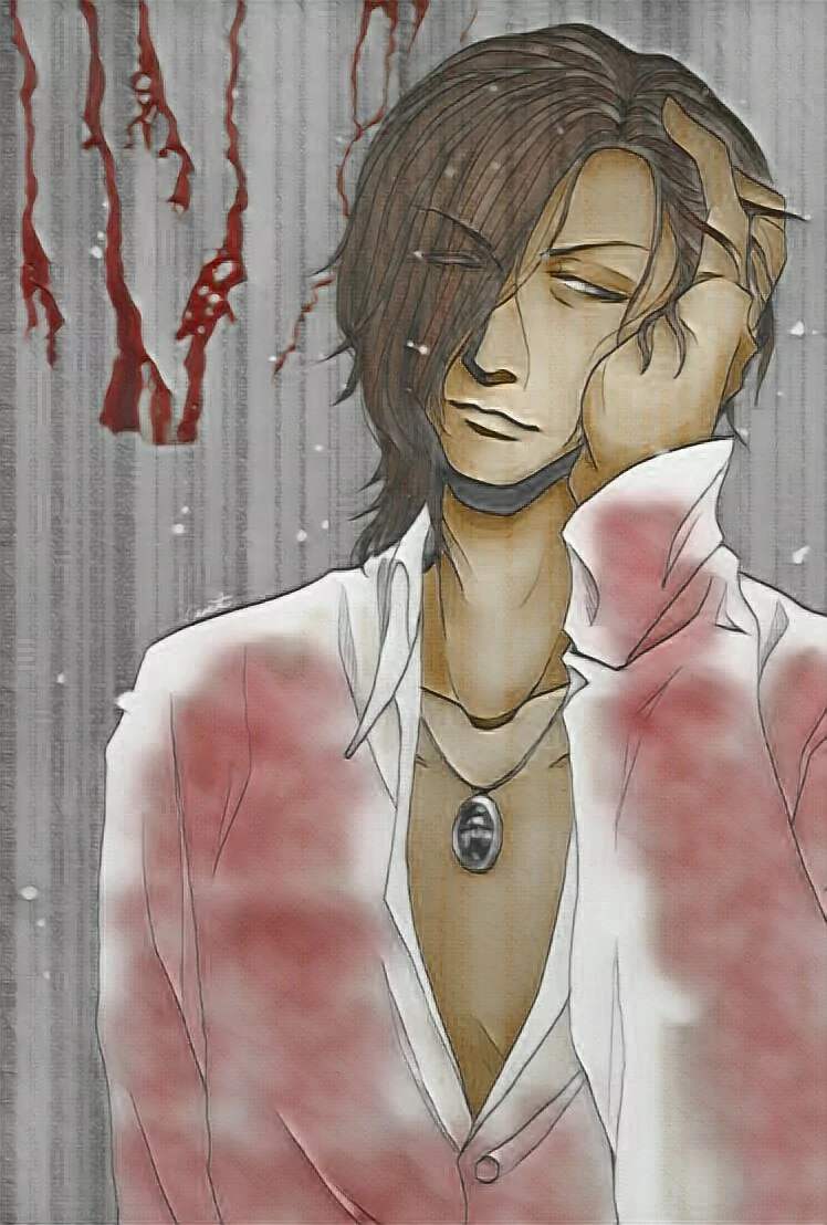 Moody illustration of a lynch.-style vocalist in rain, hand to ear as if listening to music, white shirt stained red, eyes closed against a backdrop of dripping streaks.