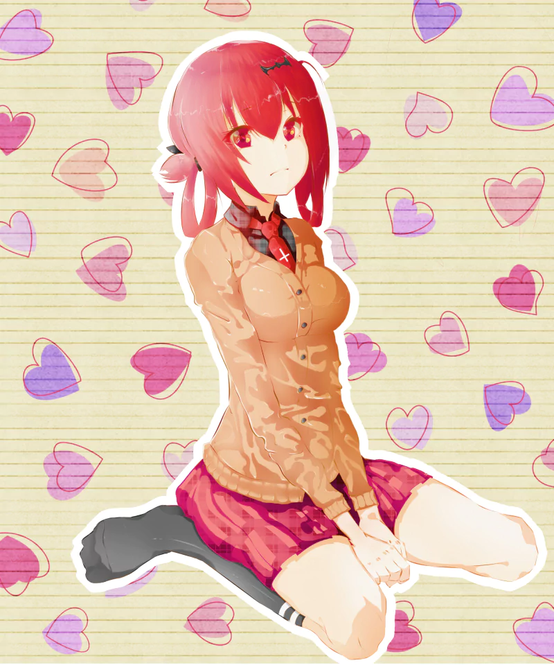 Anime illustration of demon Satanichia Kurumizawa McDowell from Gabriel DropOut, kneeling in a school uniform with red hair and bows against a pink heart-patterned background.