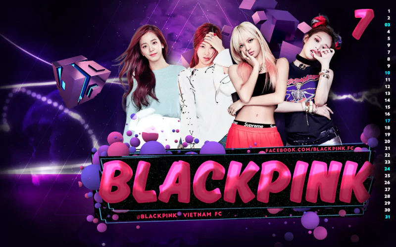 Four members of the music group BlackPink are featured against a vibrant purple and pink futuristic background with geometric shapes and bold text displaying BLACKPINK.