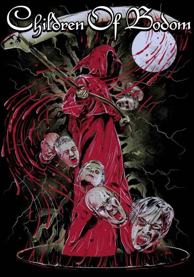 Red-robed reaper wielding a scythe amid lightning and a blood moon, hoisting severed screaming heads; Children Of Bodom logo above — violent death/thrash heavy metal artwork.
