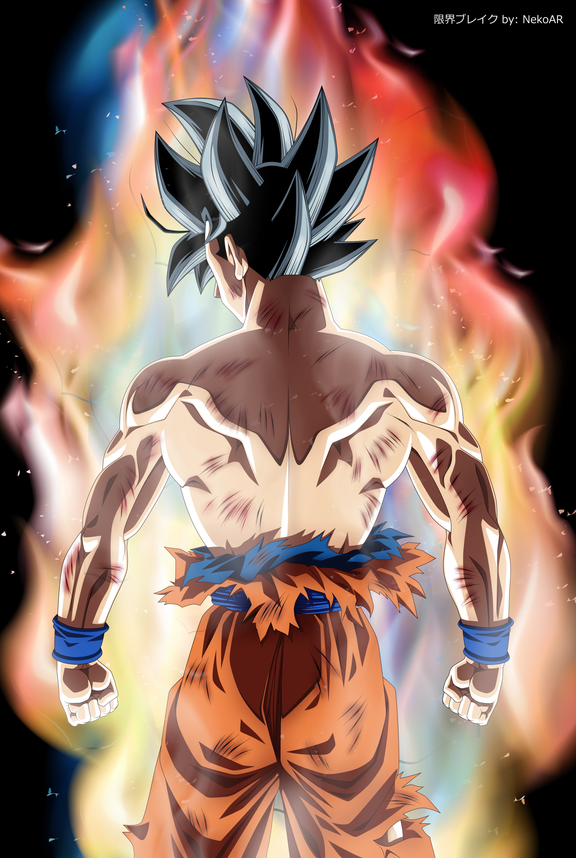 Goku stands with his back to the viewer, muscles defined, surrounded by vibrant flames, embodying the power and intensity of Dragon Ball Super.