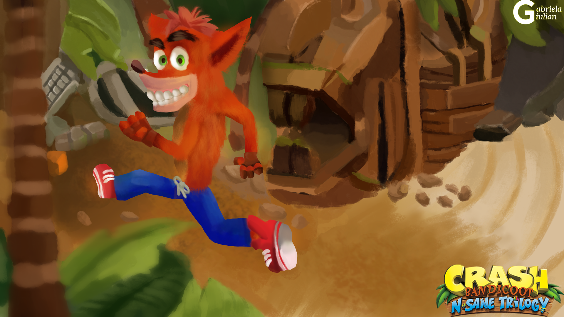 Crash Bandicoot jumps between platforms in a vibrant jungle setting from the video game Crash Bandicoot N. Sane Trilogy.