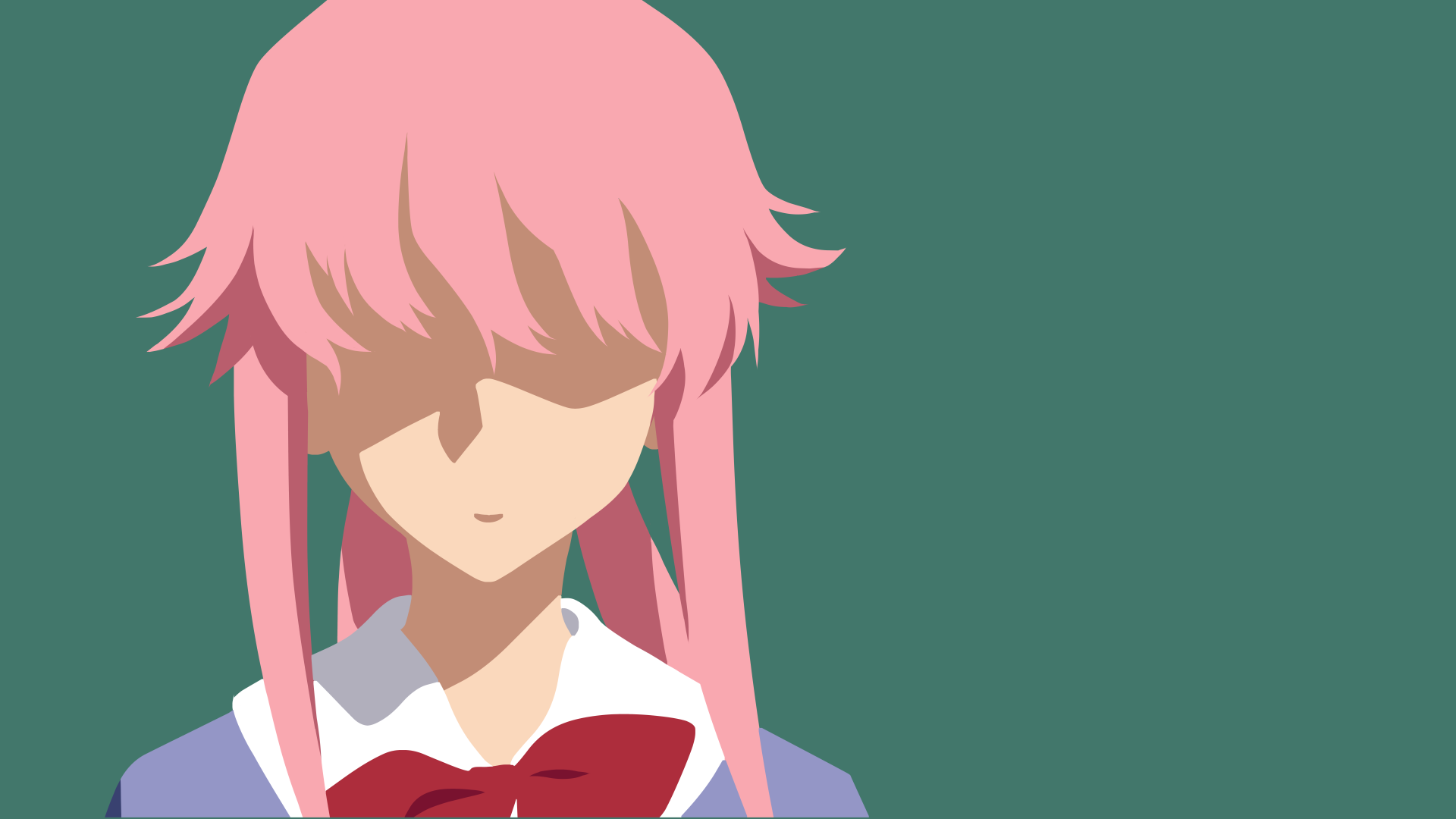 Stylized portrait of Yuno Gasai from Mirai Nikki: pink-haired schoolgirl in a purple uniform with a red bow, bangs hiding her eyes against a flat teal background.