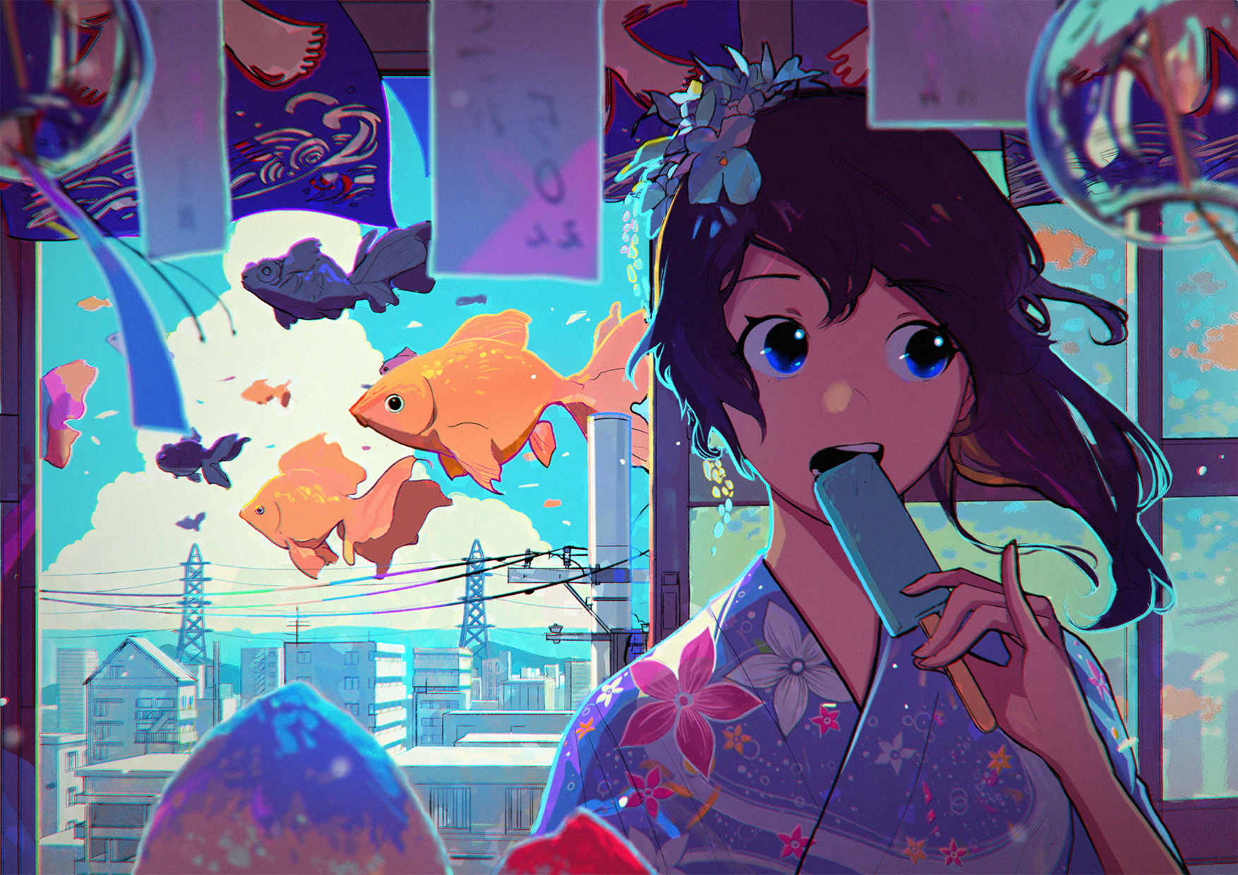 Anime girl in a traditional outfit enjoys a popsicle amid floating fish and vibrant decorations, blending fantasy with a serene urban backdrop.