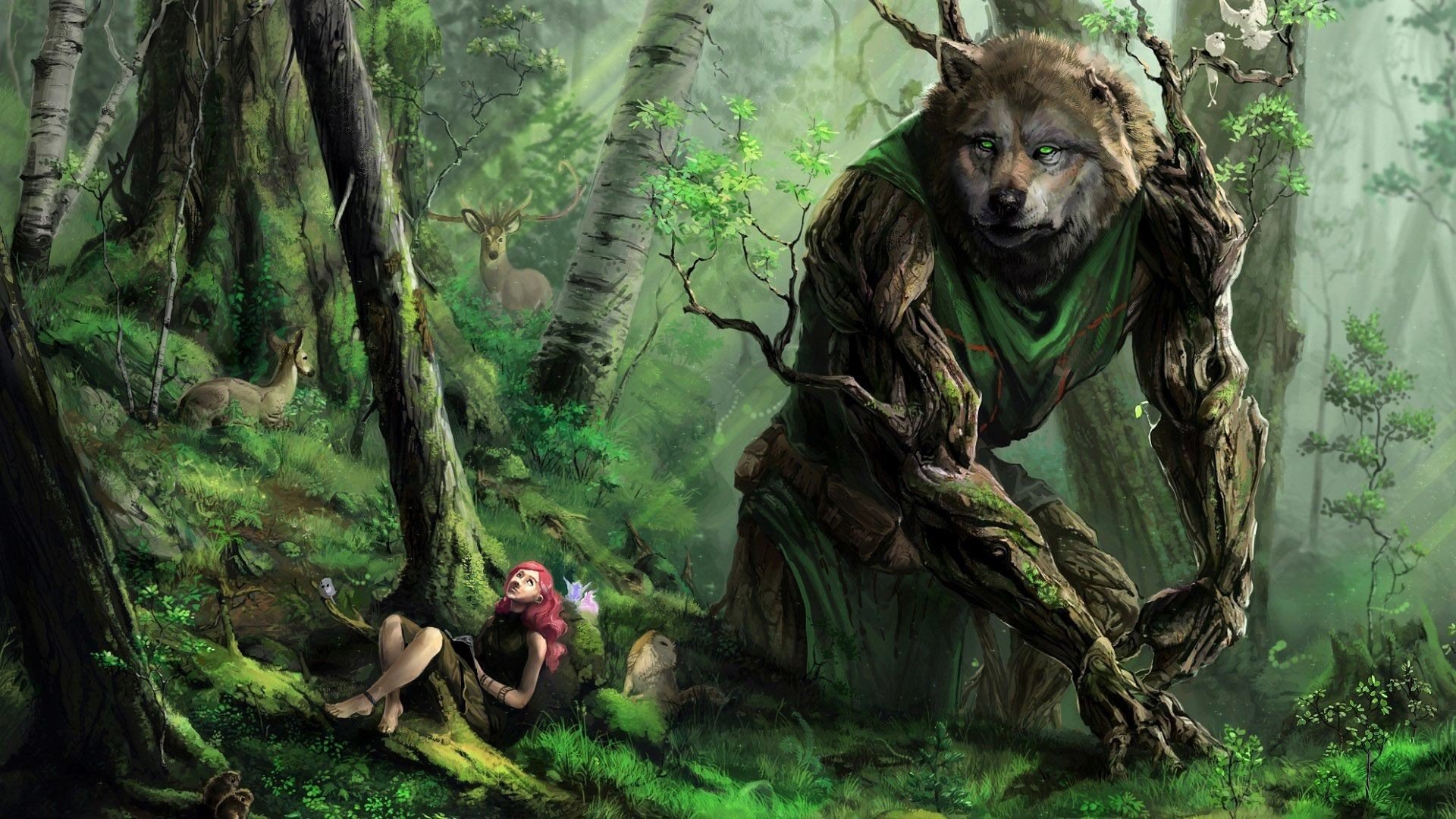 A giant creature with deer antlers and a wolf-like face stands in a dense forest, towering over a person resting on the mossy ground nearby.