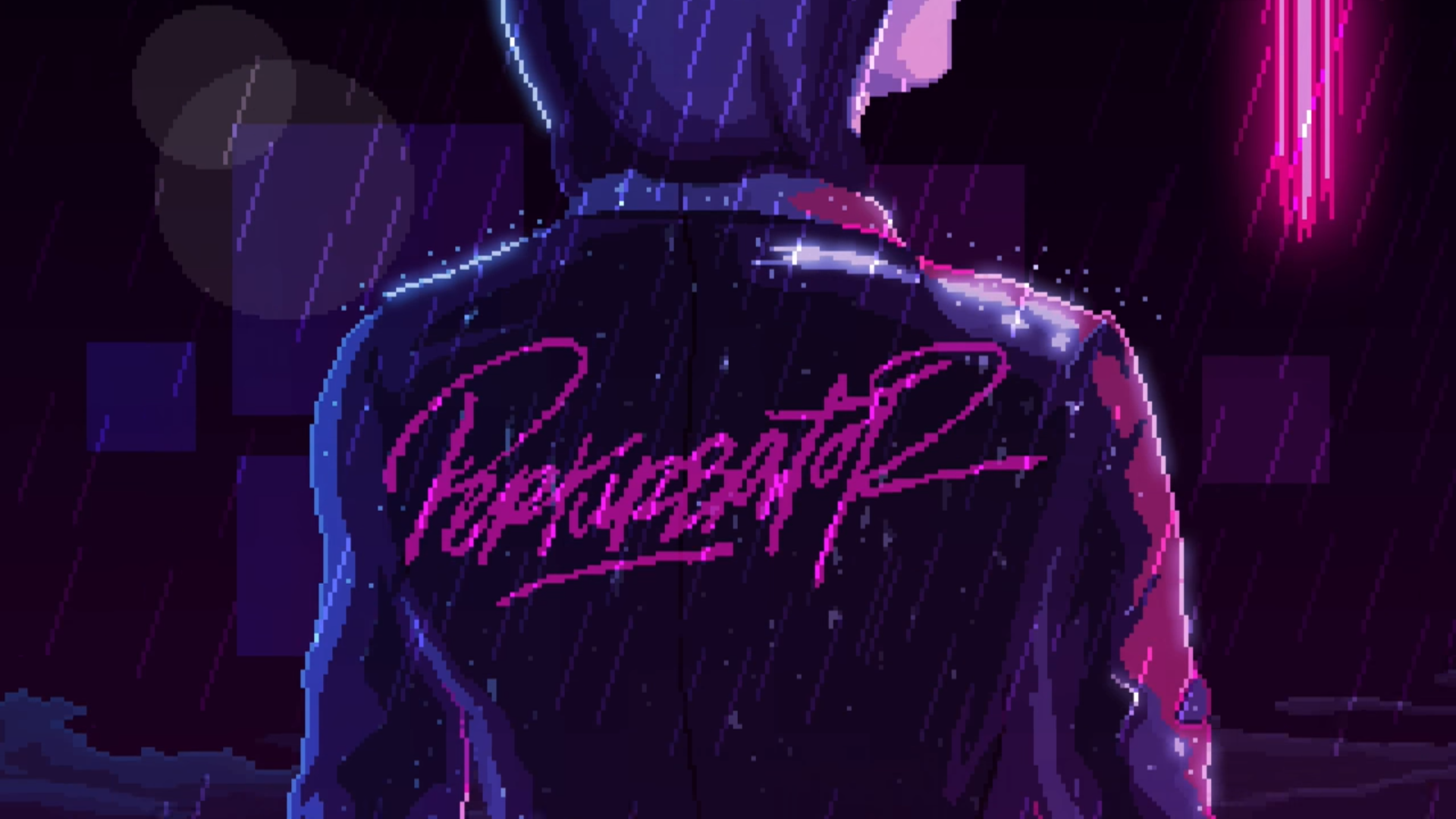 A synthwave-inspired image of a person wearing a jacket with neon pink Perpetrator text, standing in the rain under purple and pink lights, evoking music and retro-futuristic vibes.