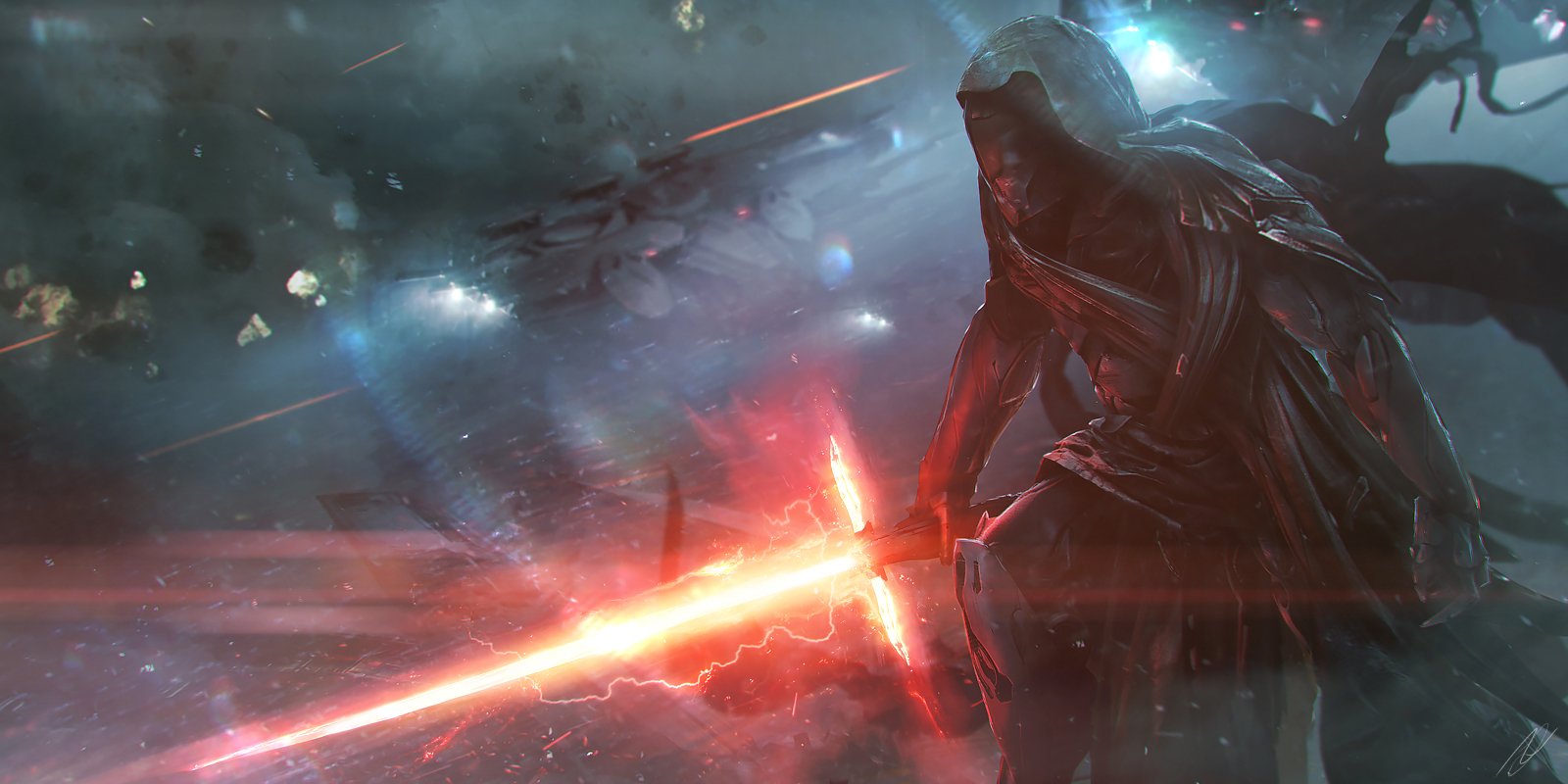 A dark Sith warrior wielding a red lightsaber amid a sci-fi battle scene from the Star Wars movie universe.