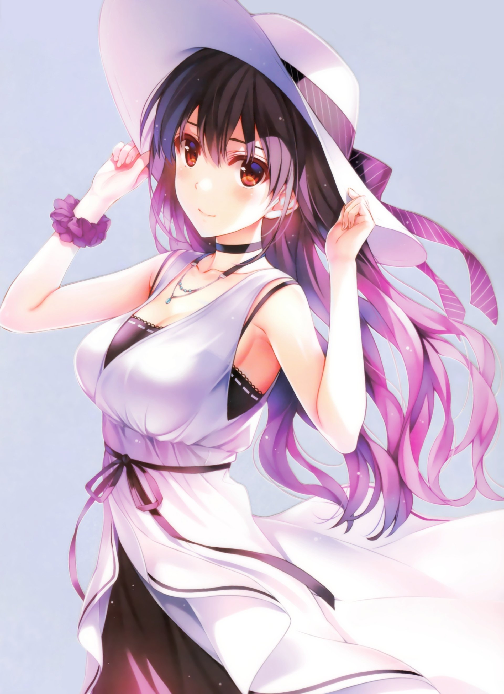 Utaha Kasumigaoka (Saekano: How to Raise a Boring Girlfriend) — anime portrait in a white sundress and wide-brim hat, long pink-purple hair, holding the brim with a gentle smile.