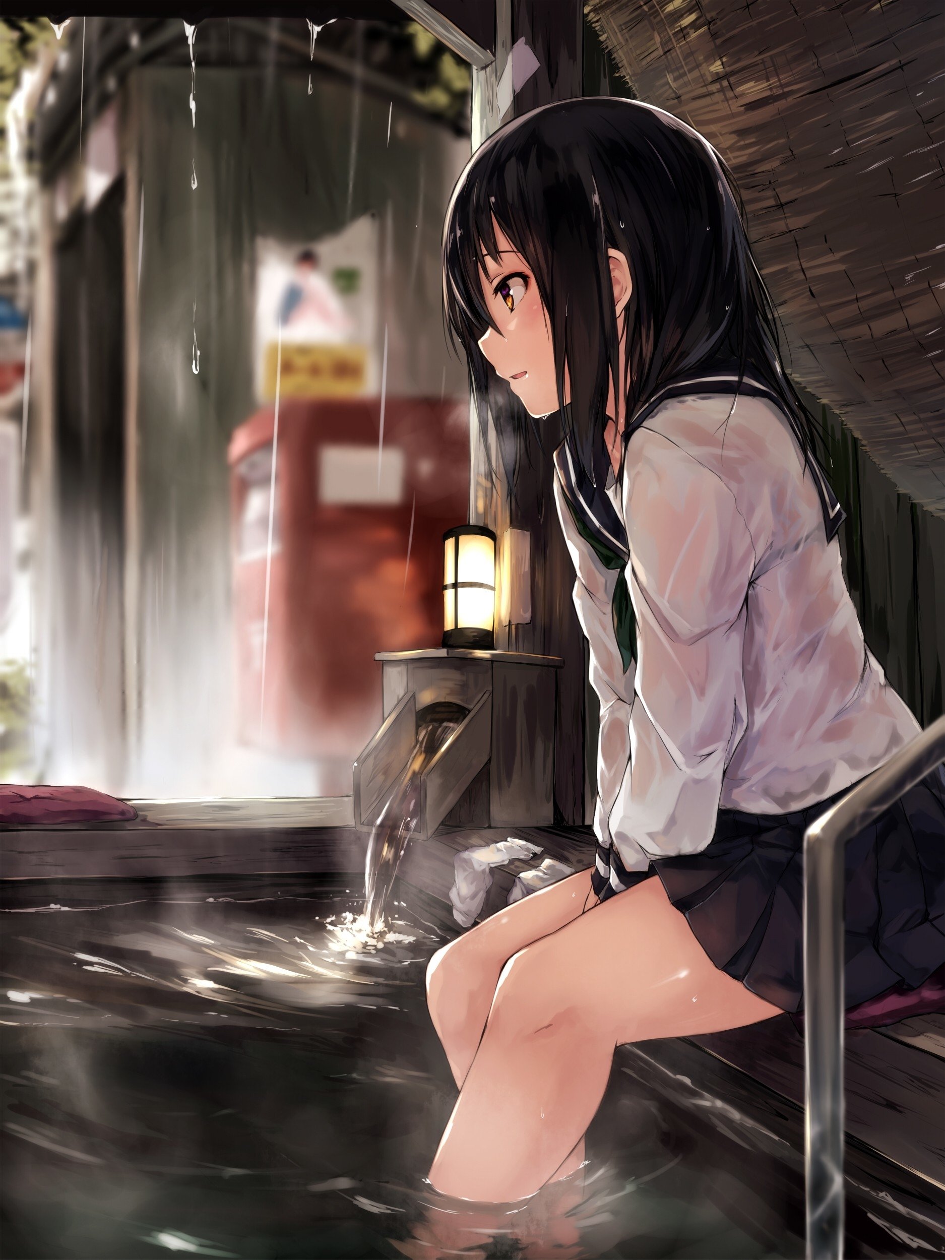 An anime girl in a school uniform sits by a serene water feature, surrounded by raindrops and a tranquil rainy atmosphere, evoking a moment of calm reflection.