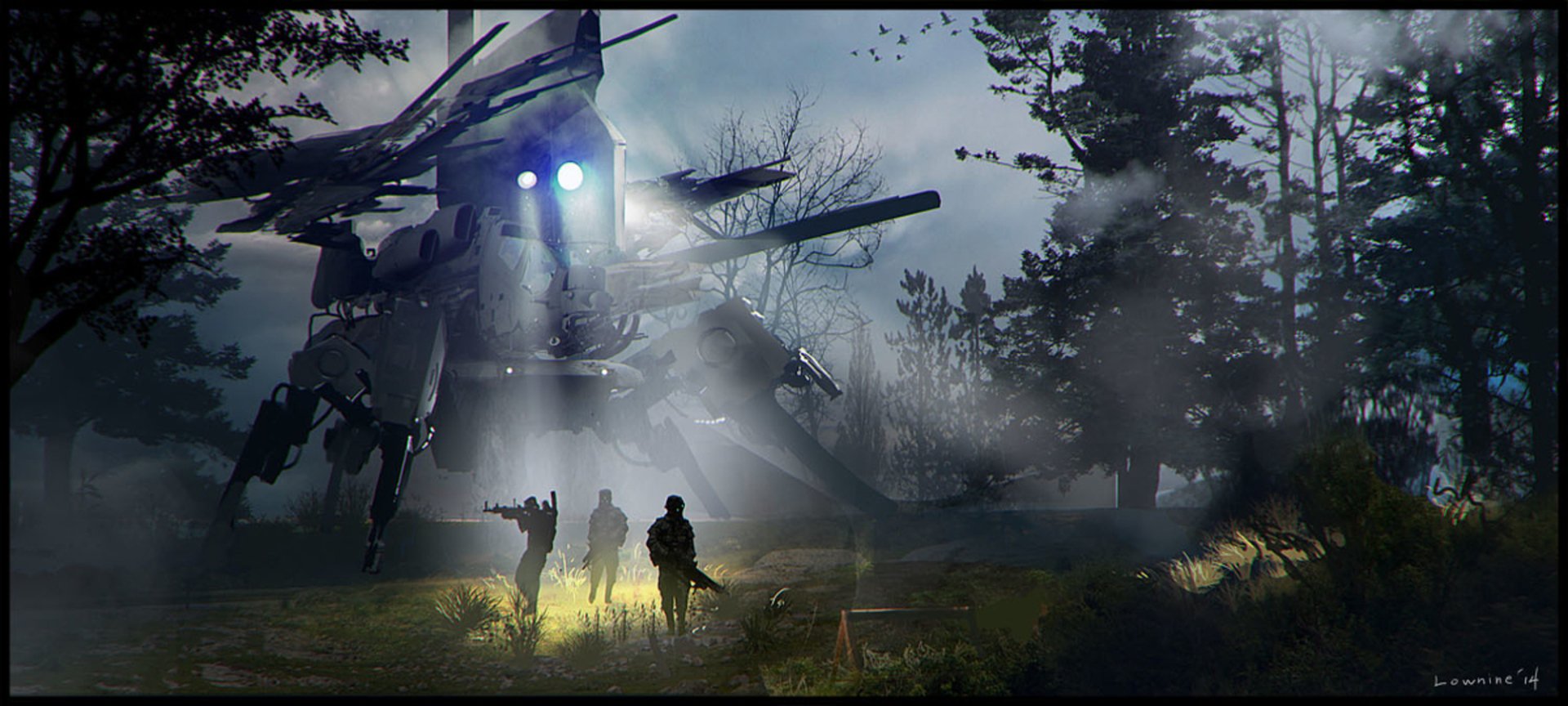 Two soldiers approach a towering sci‑fi vehicle — a multi‑legged walker — standing among misty trees as searchlights pierce the forest night.