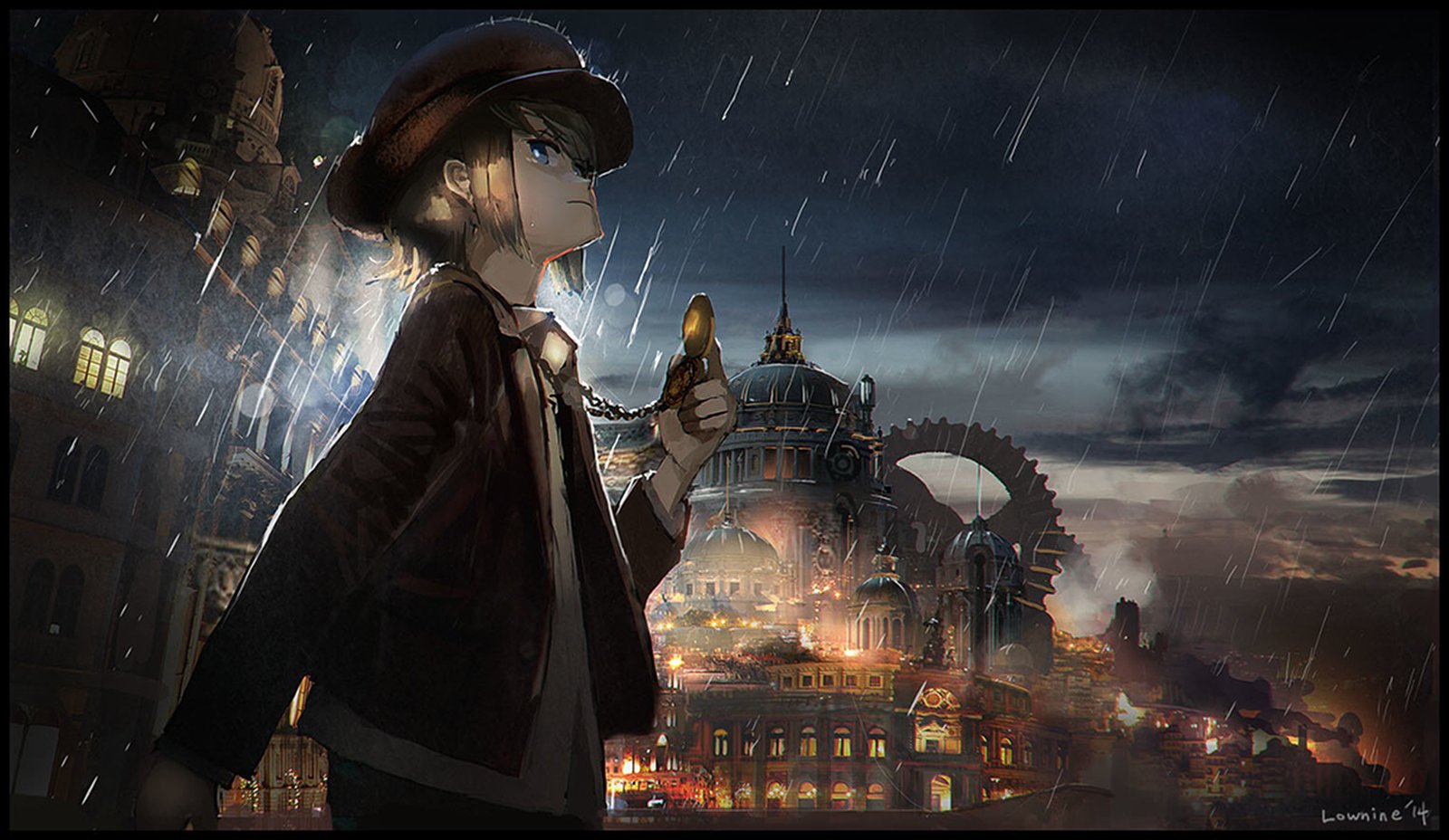 An anime girl with light blonde, short hair stands in the rain, gazing towards a city skyline adorned with buildings under a dramatic sky.