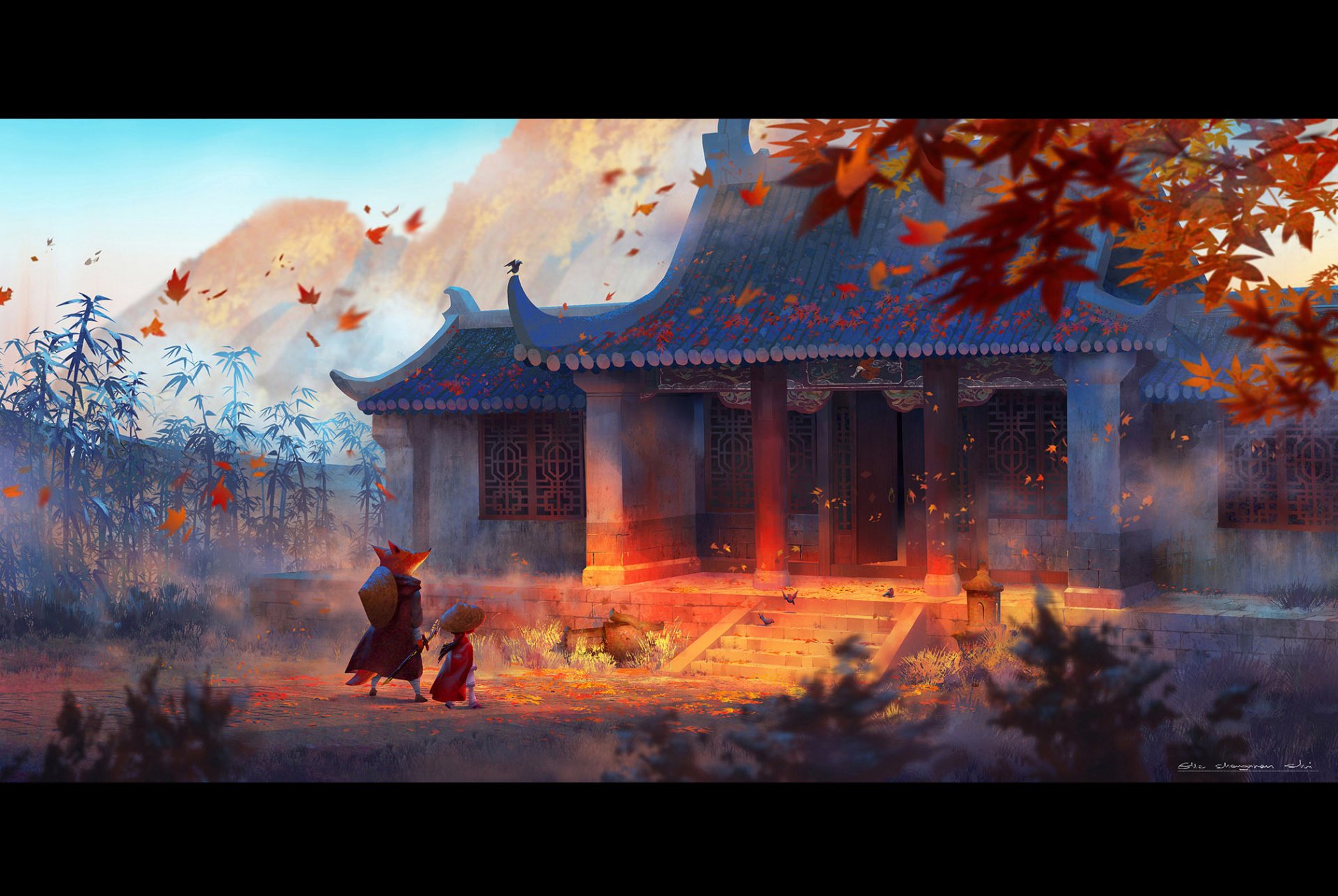 Anime-style scene of a traditional house with a shrine, framed by autumn leaves and trees under a vibrant sky during sunset.